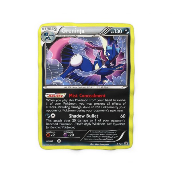 Greninja creates throwing stars out of compressed water. When it spins them and throws them at high speed these stars can split metal in two Greninja is a Ninja or shinobi like Naruto uses Ninjutsu technique to summon frog froppy wears black winter blanket smoke hidden jutsu water style card deck