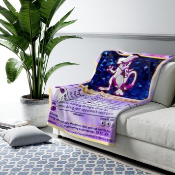 Mewtwo Card Fleece Blanket Ancient Mew's DNA was used to create Mew2 the most powerful pokemon is psychic-type and has mental powers purple colored genius monster Frankenstein creature card deck is a warm winter blanket