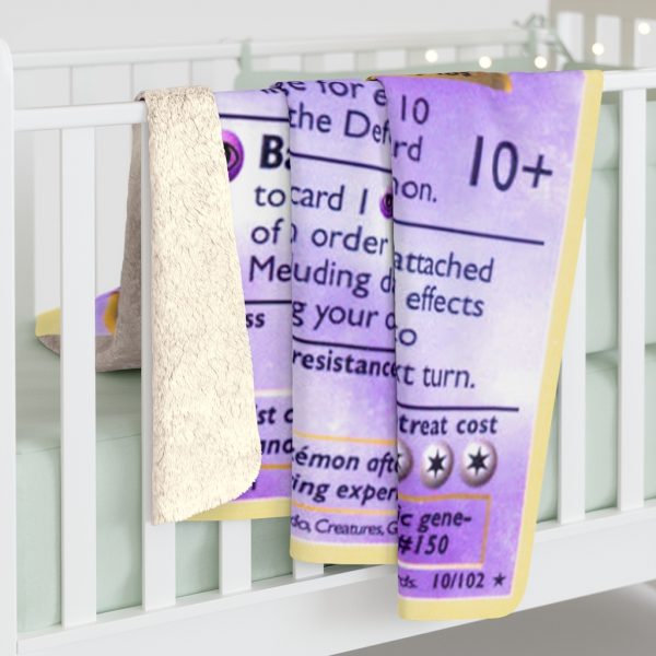 Mewtwo Card Fleece Blanket Ancient Mew's DNA was used to create Mew2 the most powerful pokemon is psychic-type and has mental powers purple colored genius monster Frankenstein creature card deck is a warm winter blanket
