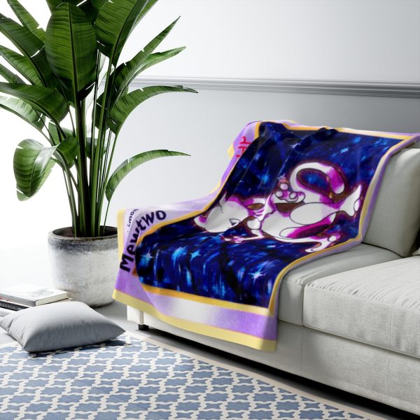 Mewtwo Card Fleece Blanket Ancient Mew's DNA was used to create Mew2 the most powerful pokemon is psychic-type and has mental powers purple colored genius monster Frankenstein creature card deck is a warm winter blanket