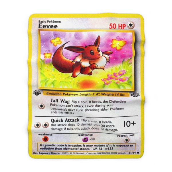 Eevee 1st Edition Pokémon Card can evolve into Jolteon, Vaporeon, Sylveon, Flareon, Espeon, Glaceon or Umbreon Evolution is very unstable flowers and a fox running through a meadow normally a normal-type Pokémon thermal winter blanket
