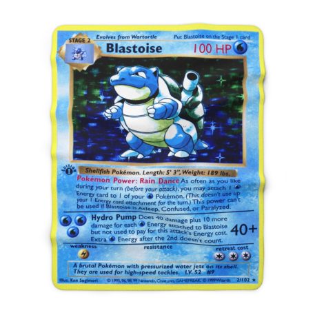 Blastoise is a Turtle pokemon who loves water and water-type pokemon card with twin cannons on its back shell it dominates under water and the sea or ocean