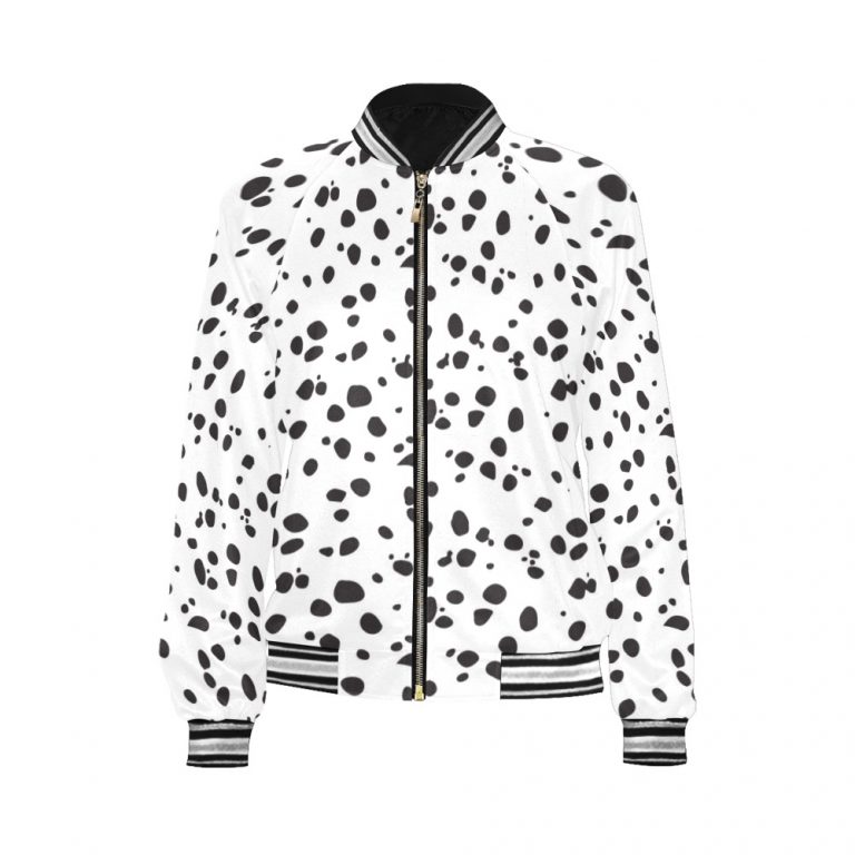 Dalmatian Print Women's Bomber Jacket iconic - and this one takes things to a whole new level. Featuring a stand-collar type, ribbed cuffs, collar. black and white contrast dog Dalmation Dalmatian waterproof Leopard Cheetah costume pet polka dots spots animal print