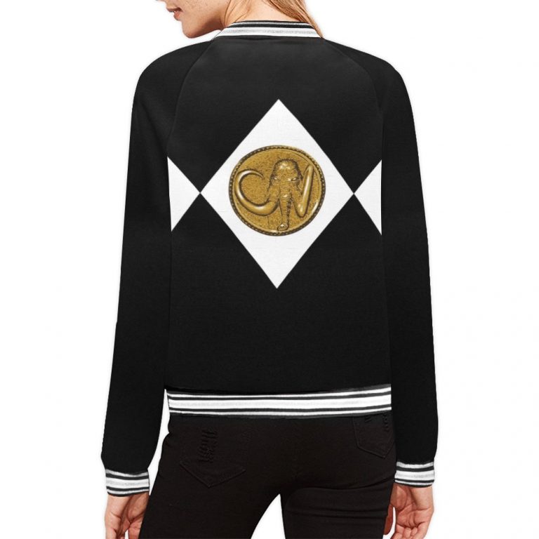Black Women's Bomber Jacket-Mighty-Morphing-Power-Rangers-Power-Coin-chucks-morpher-Hero-Zack-Taylor-Mastadon-Black-Ranger-Dinozord-Black-African-Elephant-Mastodon-Power-Coin