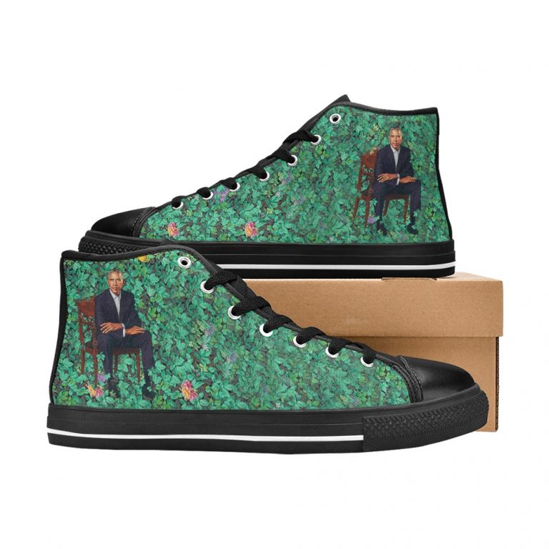 Barack Obama is the 44th President of the United States of America and the first Black Leader of the Nation BLM and Black Lives Matter protests erupted by Official Portait that was a Painting of Barack Obama by a Black Man in Plants with a bush by famous artist painter Kehinde Wiley styled chucks or chuck taylor