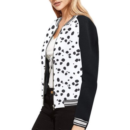 Dalmatian Print Women's Bomber Jacket iconic - and this one takes things to a whole new level. Featuring a stand-collar type, ribbed cuffs, collar. black and white contrast dog Dalmation Dalmatian waterproof Leopard Cheetah costume pet polka dots spots animal print