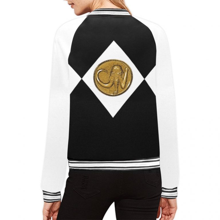 Black Women's Bomber Jacket-Mighty-Morphing-Power-Rangers-Power-Coin-chucks-morpher-Hero-Zack-Taylor-Mastadon-Black-Ranger-Dinozord-Black-African-Elephant-Mastodon-Power-Coin