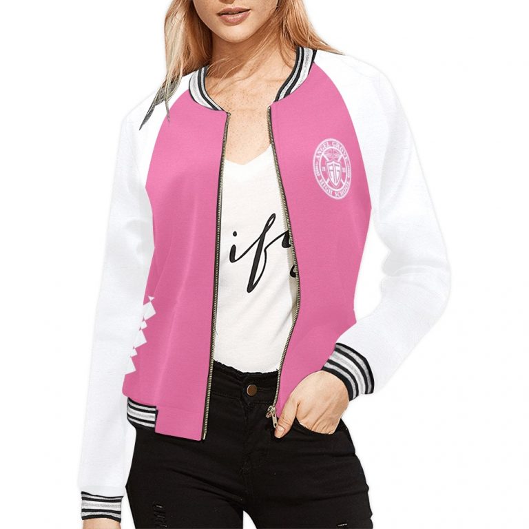 Pink Women's Bomber Jacket-Pterodactyl Power Coin coat-Mighty-Morphing-Power-Rangers-Power-Coin-Hero-Pink-Ranger-Pterodactyl-Pterodactyl-Coin-Kimberly-Ann-Hart-Pink-Bird-Fly-Woman-Hero-Pterosaur