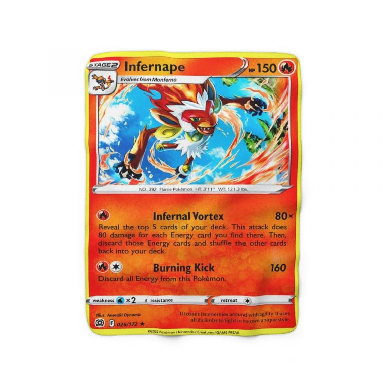 Infernape · 150 HP · {R} Pokémon (Infernape) › Stage 2 : Evolves from Monferno and into Infernape LV.X Infernapes crown of fire is indicative of its fiery nature. It is beaten by none in terms of quickness