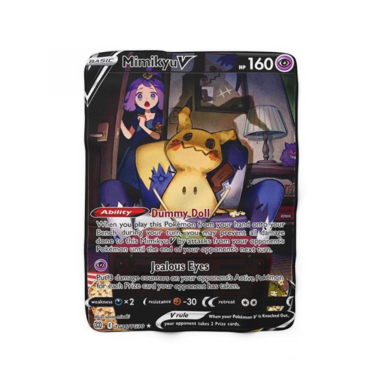 Mimikyu Pikachu Card Blanket Mimikyus actual appearance is unknown. A scholar who saw what was under its rag was overwhelmed by terror and died from the shock. In truth, mimikyu is a lonely Pokémon, it conceals its terrifying appearance beneath an old rag so it can get closer to people and other Pokémon.