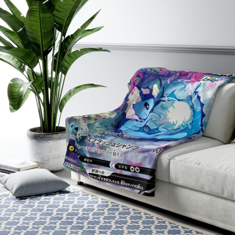 Vaporeon card warm blanket lives close to water. Vaporeons long tail is ridged with a fin that is often mistaken for a mermaid’s. It has evolved to be suitable for an aquatic life. Vaporeon can invisibly melt away into water.