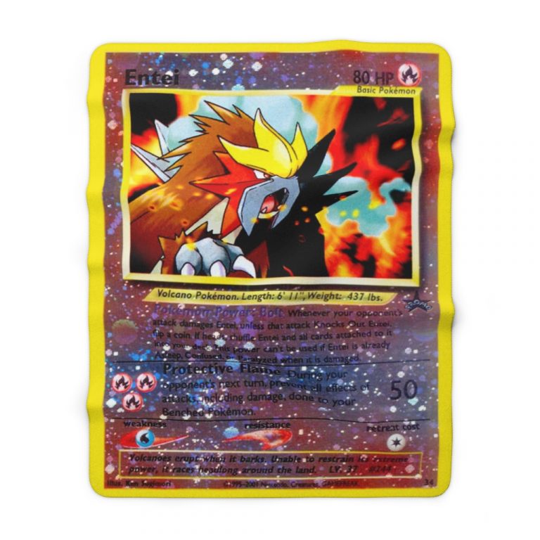 Volcanoes erupt when it barks. Unable to restrain its extreme power, it races headlong around the land. Whenever your opponent’s attack damages Entei, unless that attack Knocks Out Entei, flip a coin. If heads, shuffle Entei and all cards attached to it into your deck. This power can’t be used if Entei is already Asleep, Confused, or Paralyzed when it is damaged.