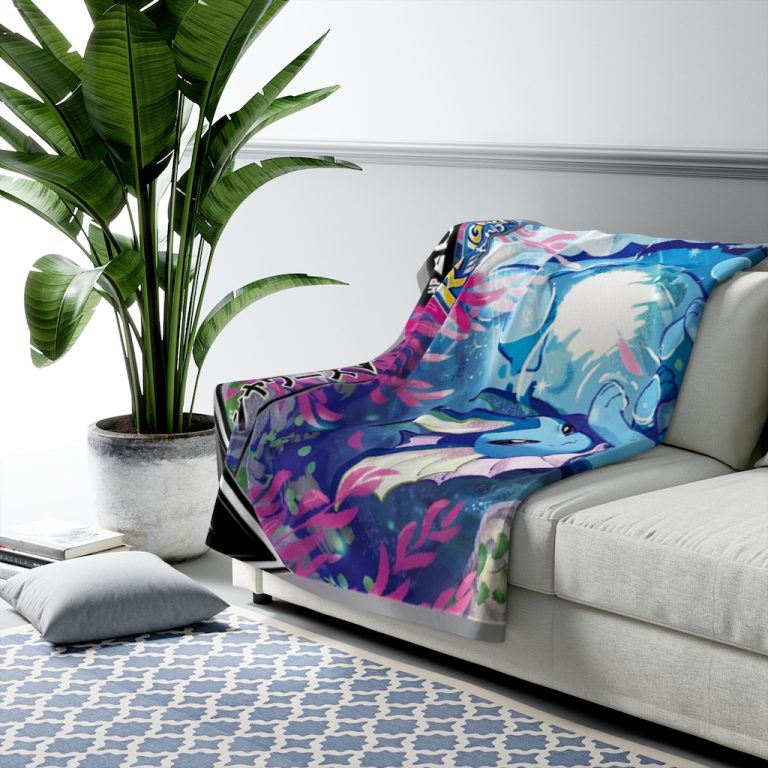 Vaporeon card warm blanket lives close to water. Vaporeons long tail is ridged with a fin that is often mistaken for a mermaid’s. It has evolved to be suitable for an aquatic life. Vaporeon can invisibly melt away into water.