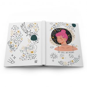 Are you a celestial soul or a galaxy gal? Maybe you just like your personal space. Whatever the reason this My Space, My Dreams Hardcover Journal will help to get the message across. Make your everyday journaling more personal, private, and stylish with this matte hardcover journal. Available in 5.75"x8" size of 75 lined single pages, these sturdy hardcover journals are fully customizable on the front and on the back covers. The matte laminate coating on the cover will make them stay true to your personal style. .: Full wraparound print .: 75 lined single pages .: Matte finish .: Casewrap binding .: Note: 0.5"x0.5" production barcode visible on the back cover