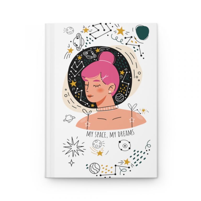 Are you a celestial soul or a galaxy gal? Maybe you just like your personal space. Whatever the reason this My Space, My Dreams Hardcover Journal will help to get the message across. Make your everyday journaling more personal, private, and stylish with this matte hardcover journal. Available in 5.75"x8" size of 75 lined single pages, these sturdy hardcover journals are fully customizable on the front and on the back covers. The matte laminate coating on the cover will make them stay true to your personal style. .: Full wraparound print .: 75 lined single pages .: Matte finish .: Casewrap binding .: Note: 0.5"x0.5" production barcode visible on the back cover