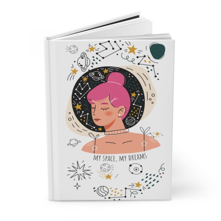 Are you a celestial soul or a galaxy gal? Maybe you just like your personal space. Whatever the reason this My Space, My Dreams Hardcover Journal will help to get the message across. Make your everyday journaling more personal, private, and stylish with this matte hardcover journal. Available in 5.75"x8" size of 75 lined single pages, these sturdy hardcover journals are fully customizable on the front and on the back covers. The matte laminate coating on the cover will make them stay true to your personal style. .: Full wraparound print .: 75 lined single pages .: Matte finish .: Casewrap binding .: Note: 0.5"x0.5" production barcode visible on the back cover