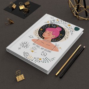 Are you a celestial soul or a galaxy gal? Maybe you just like your personal space. Whatever the reason this My Space, My Dreams Hardcover Journal will help to get the message across. Make your everyday journaling more personal, private, and stylish with this matte hardcover journal. Available in 5.75"x8" size of 75 lined single pages, these sturdy hardcover journals are fully customizable on the front and on the back covers. The matte laminate coating on the cover will make them stay true to your personal style. .: Full wraparound print .: 75 lined single pages .: Matte finish .: Casewrap binding .: Note: 0.5"x0.5" production barcode visible on the back cover