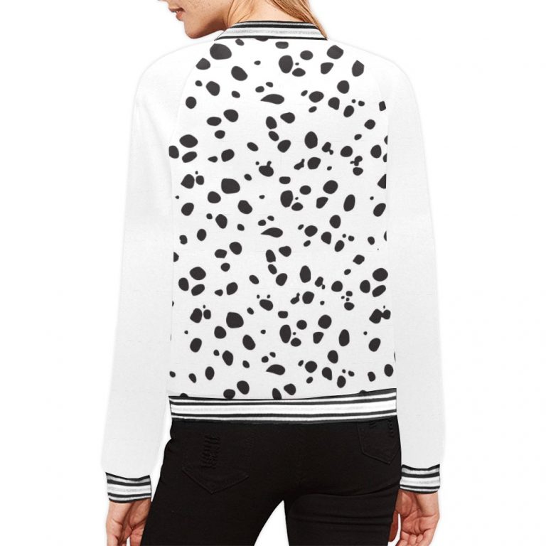 Dalmatian Print Women's Bomber Jacket iconic - and this one takes things to a whole new level. Featuring a stand-collar type, ribbed cuffs, collar. black and white contrast dog Dalmation Dalmatian waterproof Leopard Cheetah costume pet polka dots spots animal print