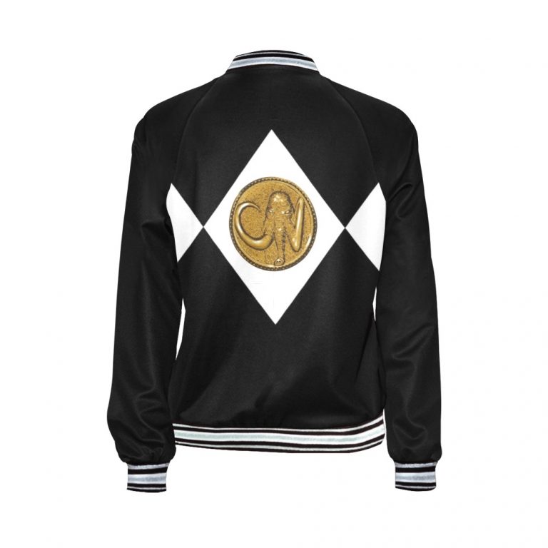 Black Women's Bomber Jacket-Mighty-Morphing-Power-Rangers-Power-Coin-chucks-morpher-Hero-Zack-Taylor-Mastadon-Black-Ranger-Dinozord-Black-African-Elephant-Mastodon-Power-Coin