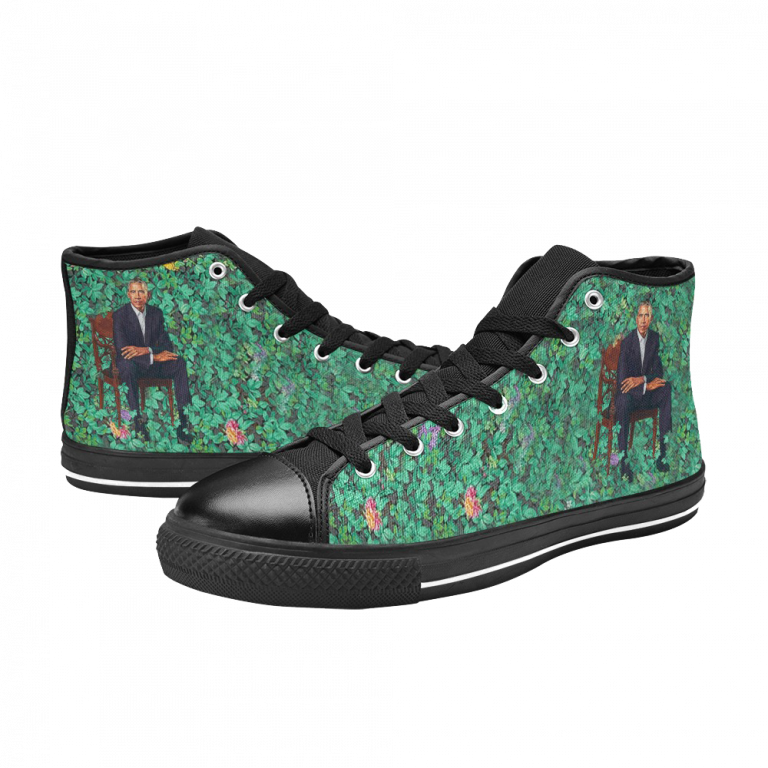 Barack Obama is the 44th President of the United States of America and the first Black Leader of the Nation BLM and Black Lives Matter protests erupted by Official Portait that was a Painting of Barack Obama by a Black Man in Plants with a bush by famous artist painter Kehinde Wiley styled chucks or chuck taylor