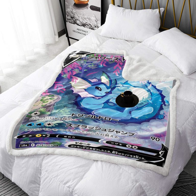 Vaporeon card warm blanket lives close to water. Vaporeons long tail is ridged with a fin that is often mistaken for a mermaid’s. It has evolved to be suitable for an aquatic life. Vaporeon can invisibly melt away into water.