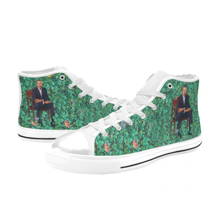 Barack Obama is the 44th President of the United States of America and the first Black Leader of the Nation BLM and Black Lives Matter protests erupted by Official Portait that was a Painting of Barack Obama by a Black Man in Plants with a bush by famous artist painter Kehinde Wiley styled chucks or chuck taylor