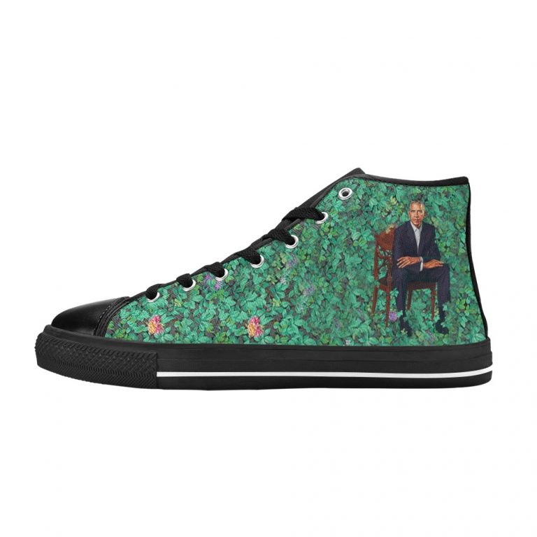 Barack Obama is the 44th President of the United States of America and the first Black Leader of the Nation BLM and Black Lives Matter protests erupted by Official Portait that was a Painting of Barack Obama by a Black Man in Plants with a bush by famous artist painter Kehinde Wiley styled chucks or chuck taylor