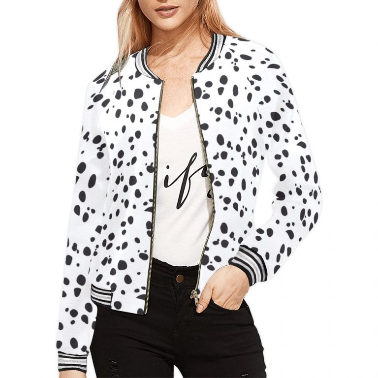 Dalmatian Print Women's Bomber Jacket iconic - and this one takes things to a whole new level. Featuring a stand-collar type, ribbed cuffs, collar. black and white contrast dog Dalmation Dalmatian waterproof Leopard Cheetah costume pet polka dots spots animal print