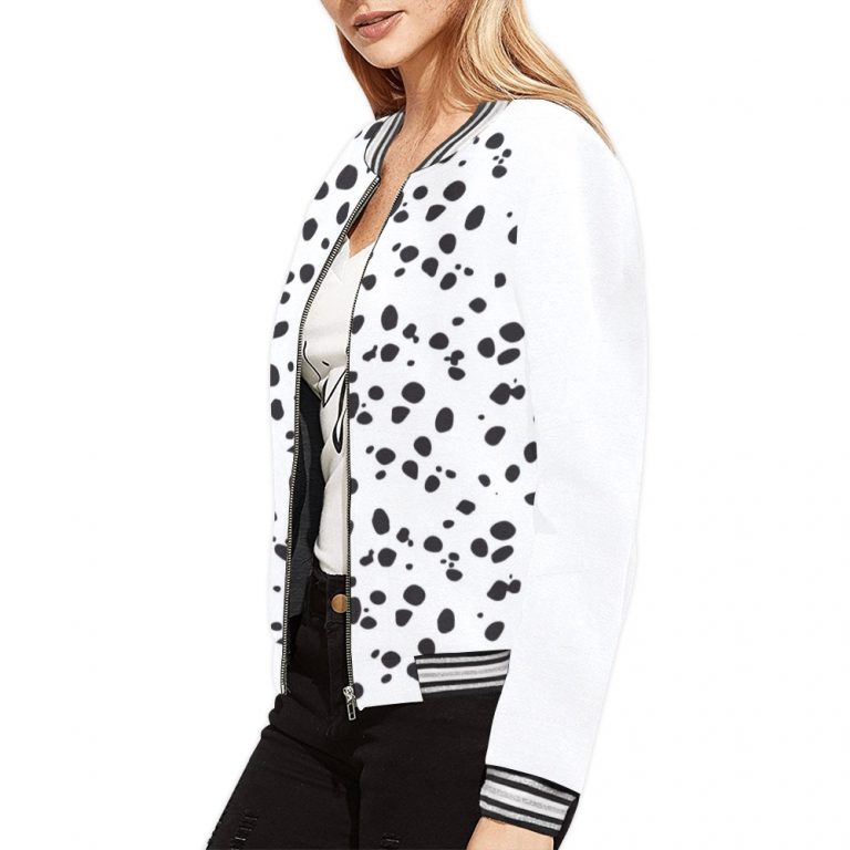 Dalmatian Print Women's Bomber Jacket iconic - and this one takes things to a whole new level. Featuring a stand-collar type, ribbed cuffs, collar. black and white contrast dog Dalmation Dalmatian waterproof Leopard Cheetah costume pet polka dots spots animal print