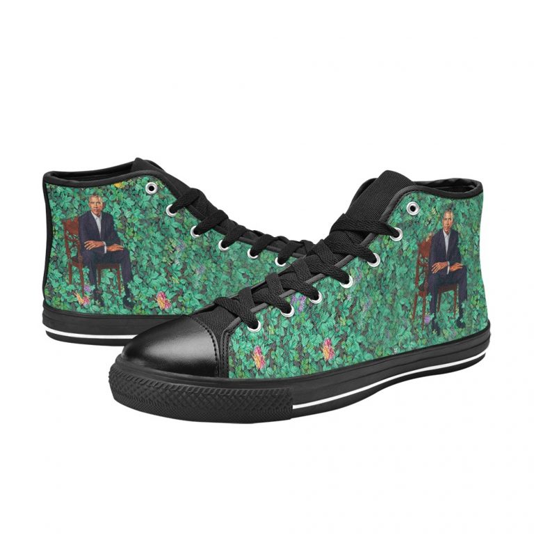 Barack Obama is the 44th President of the United States of America and the first Black Leader of the Nation BLM and Black Lives Matter protests erupted by Official Portait that was a Painting of Barack Obama by a Black Man in Plants with a bush by famous artist painter Kehinde Wiley styled chucks or chuck taylor