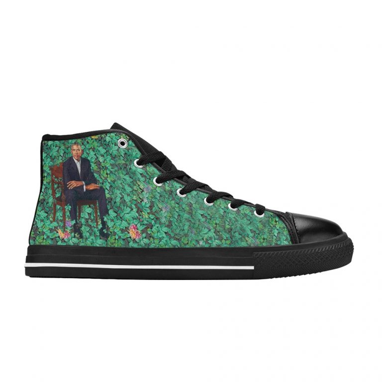 Barack Obama is the 44th President of the United States of America and the first Black Leader of the Nation BLM and Black Lives Matter protests erupted by Official Portait that was a Painting of Barack Obama by a Black Man in Plants with a bush by famous artist painter Kehinde Wiley styled chucks or chuck taylor