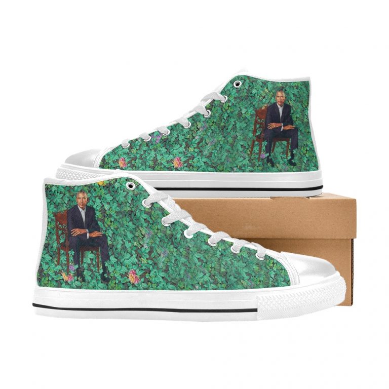 Barack Obama is the 44th President of the United States of America and the first Black Leader of the Nation BLM and Black Lives Matter protests erupted by Official Portait that was a Painting of Barack Obama by a Black Man in Plants with a bush by famous artist painter Kehinde Wiley styled chucks or chuck taylor