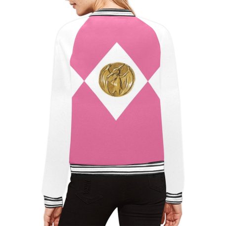 Pink Women's Bomber Jacket-Pterodactyl Power Coin coat-Mighty-Morphing-Power-Rangers-Power-Coin-Hero-Pink-Ranger-Pterodactyl-Pterodactyl-Coin-Kimberly-Ann-Hart-Pink-Bird-Fly-Woman-Hero-Pterosaur