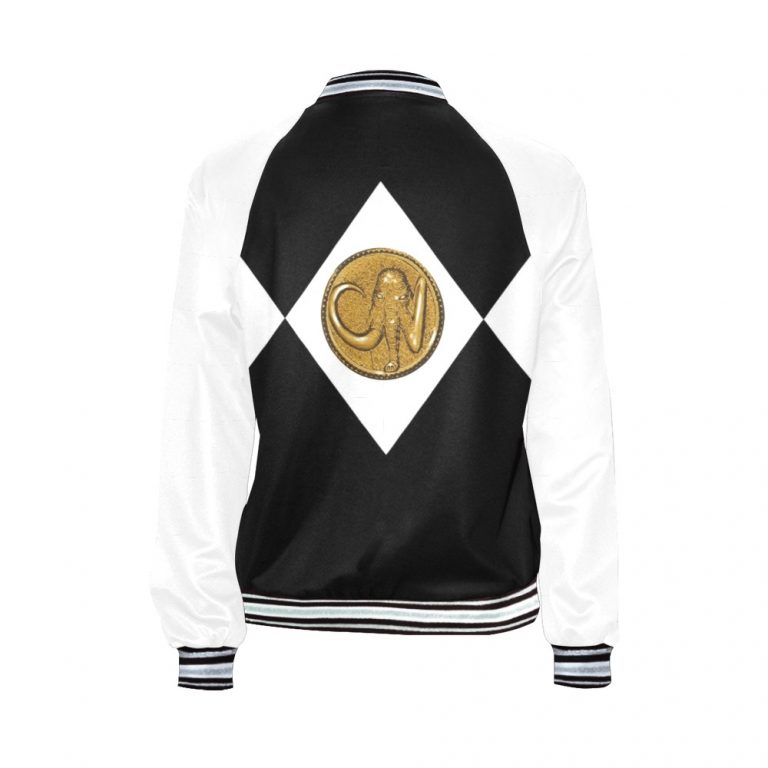 Black Women's Bomber Jacket-Mighty-Morphing-Power-Rangers-Power-Coin-chucks-morpher-Hero-Zack-Taylor-Mastadon-Black-Ranger-Dinozord-Black-African-Elephant-Mastodon-Power-Coin