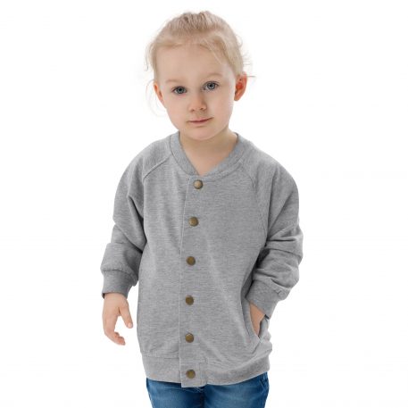 This baby organic bomber jacket is made from organic cotton and recycled polyester, making it a sustainable choice for anyone interested in environmentally friendly clothing options. With its soft fabric, ribbed cuffs, and brass poppers, it guarantees comfort and style for any kid. • 80% organic cotton, 20% recycled polyester • Heather Grey is 71% cotton, 21% recycled polyester, 8% viscose • Fabric weight: 8.3 oz/yd² (280 g/m²) • Cotton fabric type: French terry • Smooth surface • Inside back neck locker patch • Antique brass color poppers at front • Welt pockets at front • Ribbed hem and cuffs