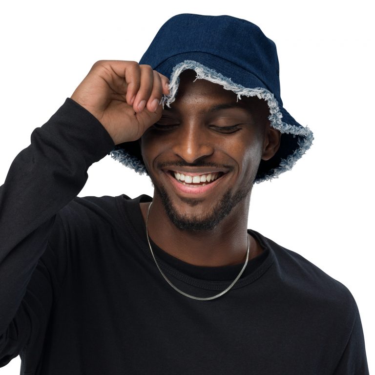 Distressed Denim Jean Style Bucket Hat cap ball cap sunhat shade sun screen jean country worn rugged torn classic american