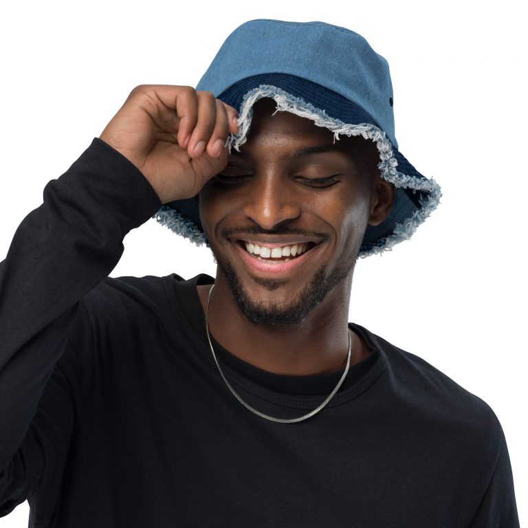 Distressed Denim Jean Style Bucket Hat cap ball cap sunhat shade sun screen jean country worn rugged torn classic american