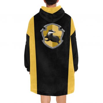Hufflepuff sherpa fleece Robe-at-Hogwarts-School-of-Witchcraft-and-Wizardry-Sorting Hat-medieval witch Helga Hufflepuff-inclusive-valuing-hard-work-dedication-patience-loyalty-fair play-The emblematic animal was a badger-yellow and black-house-colours-The Head of Hufflepuff was Pomona Sprout-the Fat Friar was the House's patron ghost-corresponded roughly to the element of earth-yellow-wheat-black-soil-point hourglass contained yellow diamonds-Students-sorted-into-Hufflepuff-demonstrated-strong abilities in Herbology