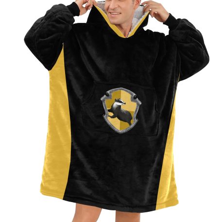 Hufflepuff sherpa fleece Robe-at-Hogwarts-School-of-Witchcraft-and-Wizardry-Sorting Hat-medieval witch Helga Hufflepuff-inclusive-valuing-hard-work-dedication-patience-loyalty-fair play-The emblematic animal was a badger-yellow and black-house-colours-The Head of Hufflepuff was Pomona Sprout-the Fat Friar was the House's patron ghost-corresponded roughly to the element of earth-yellow-wheat-black-soil-point hourglass contained yellow diamonds-Students-sorted-into-Hufflepuff-demonstrated-strong abilities in Herbology