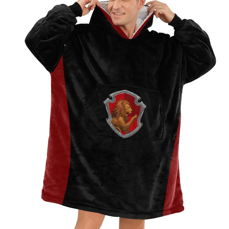 Gryffindor sherpa fleece Robe-at-Hogwarts-School-of-Witchcraft-and-Wizardry-Sorting Hat-Godric Gryffindor-students possessing characteristics-courage-chivalry-nerve-determination-The emblematic animal was a lion-colours-scarlet-gold-rubies-Nicholas de Mimsy-Porpington-Nearly Headless Nick-House ghost-element of fire-motto was Forti Animo Estote