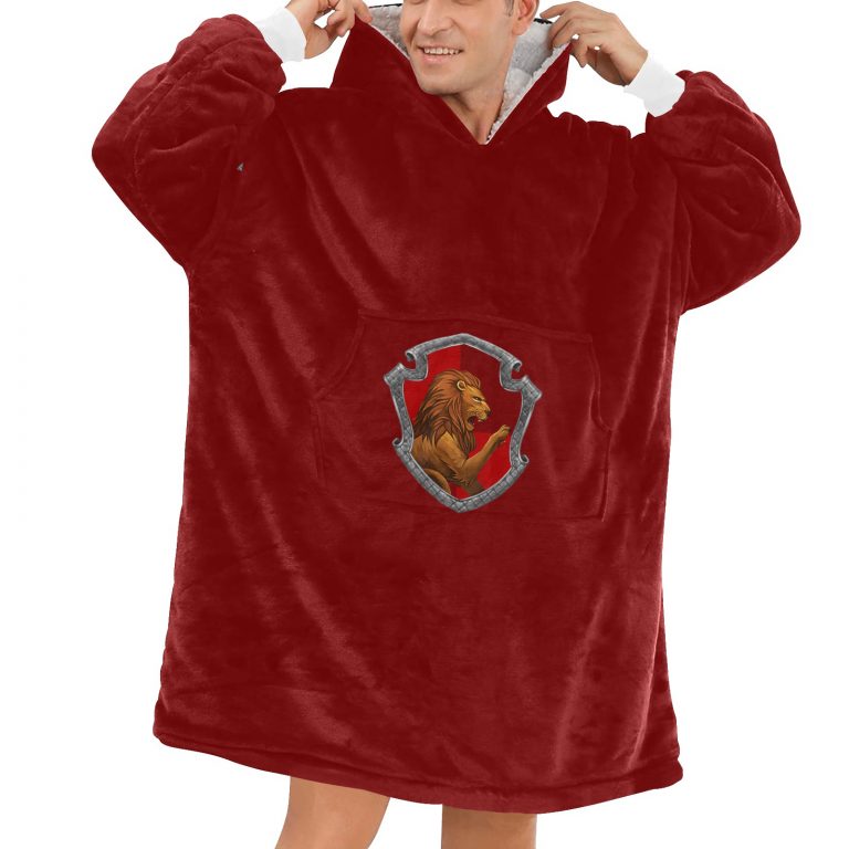 Gryffindor sherpa fleece Robe-at-Hogwarts-School-of-Witchcraft-and-Wizardry-Sorting Hat-Godric Gryffindor-students possessing characteristics-courage-chivalry-nerve-determination-The emblematic animal was a lion-colours-scarlet-gold-rubies-Nicholas de Mimsy-Porpington-Nearly Headless Nick-House ghost-element of fire-motto was Forti Animo Estote