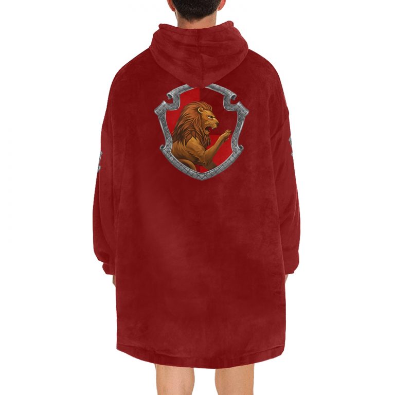 Gryffindor sherpa fleece Robe-at-Hogwarts-School-of-Witchcraft-and-Wizardry-Sorting Hat-Godric Gryffindor-students possessing characteristics-courage-chivalry-nerve-determination-The emblematic animal was a lion-colours-scarlet-gold-rubies-Nicholas de Mimsy-Porpington-Nearly Headless Nick-House ghost-element of fire-motto was Forti Animo Estote