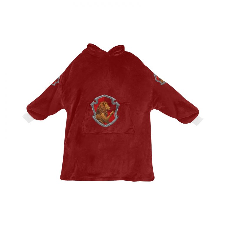 Gryffindor sherpa fleece Robe-at-Hogwarts-School-of-Witchcraft-and-Wizardry-Sorting Hat-Godric Gryffindor-students possessing characteristics-courage-chivalry-nerve-determination-The emblematic animal was a lion-colours-scarlet-gold-rubies-Nicholas de Mimsy-Porpington-Nearly Headless Nick-House ghost-element of fire-motto was Forti Animo Estote
