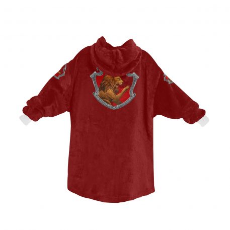 Gryffindor sherpa fleece Robe-at-Hogwarts-School-of-Witchcraft-and-Wizardry-Sorting Hat-Godric Gryffindor-students possessing characteristics-courage-chivalry-nerve-determination-The emblematic animal was a lion-colours-scarlet-gold-rubies-Nicholas de Mimsy-Porpington-Nearly Headless Nick-House ghost-element of fire-motto was Forti Animo Estote