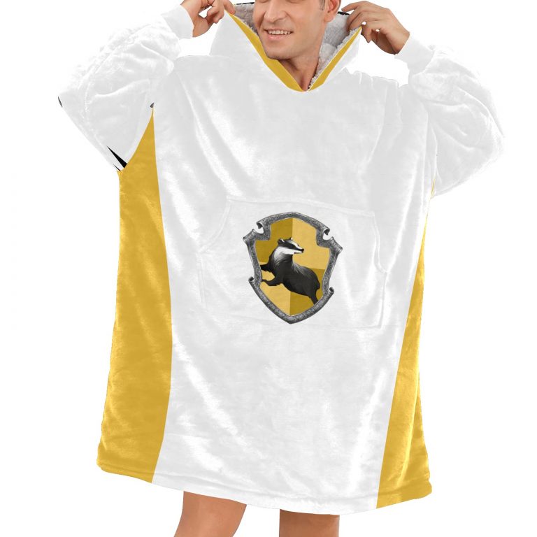Hufflepuff sherpa fleece Robe-at-Hogwarts-School-of-Witchcraft-and-Wizardry-Sorting Hat-medieval witch Helga Hufflepuff-inclusive-valuing-hard-work-dedication-patience-loyalty-fair play-The emblematic animal was a badger-yellow and black-house-colours-The Head of Hufflepuff was Pomona Sprout-the Fat Friar was the House's patron ghost-corresponded roughly to the element of earth-yellow-wheat-black-soil-point hourglass contained yellow diamonds-Students-sorted-into-Hufflepuff-demonstrated-strong abilities in Herbology