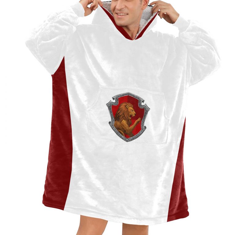 Gryffindor sherpa fleece Robe-at-Hogwarts-School-of-Witchcraft-and-Wizardry-Sorting Hat-Godric Gryffindor-students possessing characteristics-courage-chivalry-nerve-determination-The emblematic animal was a lion-colours-scarlet-gold-rubies-Nicholas de Mimsy-Porpington-Nearly Headless Nick-House ghost-element of fire-motto was Forti Animo Estote