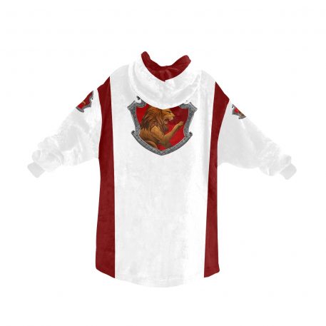 Gryffindor sherpa fleece Robe-at-Hogwarts-School-of-Witchcraft-and-Wizardry-Sorting Hat-Godric Gryffindor-students possessing characteristics-courage-chivalry-nerve-determination-The emblematic animal was a lion-colours-scarlet-gold-rubies-Nicholas de Mimsy-Porpington-Nearly Headless Nick-House ghost-element of fire-motto was Forti Animo Estote