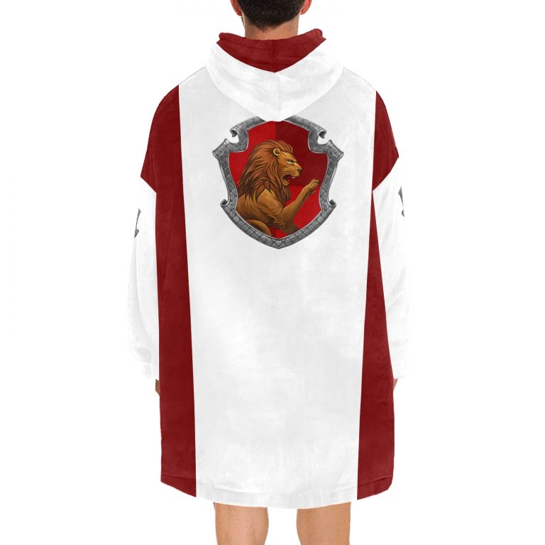 Gryffindor sherpa fleece Robe-at-Hogwarts-School-of-Witchcraft-and-Wizardry-Sorting Hat-Godric Gryffindor-students possessing characteristics-courage-chivalry-nerve-determination-The emblematic animal was a lion-colours-scarlet-gold-rubies-Nicholas de Mimsy-Porpington-Nearly Headless Nick-House ghost-element of fire-motto was Forti Animo Estote