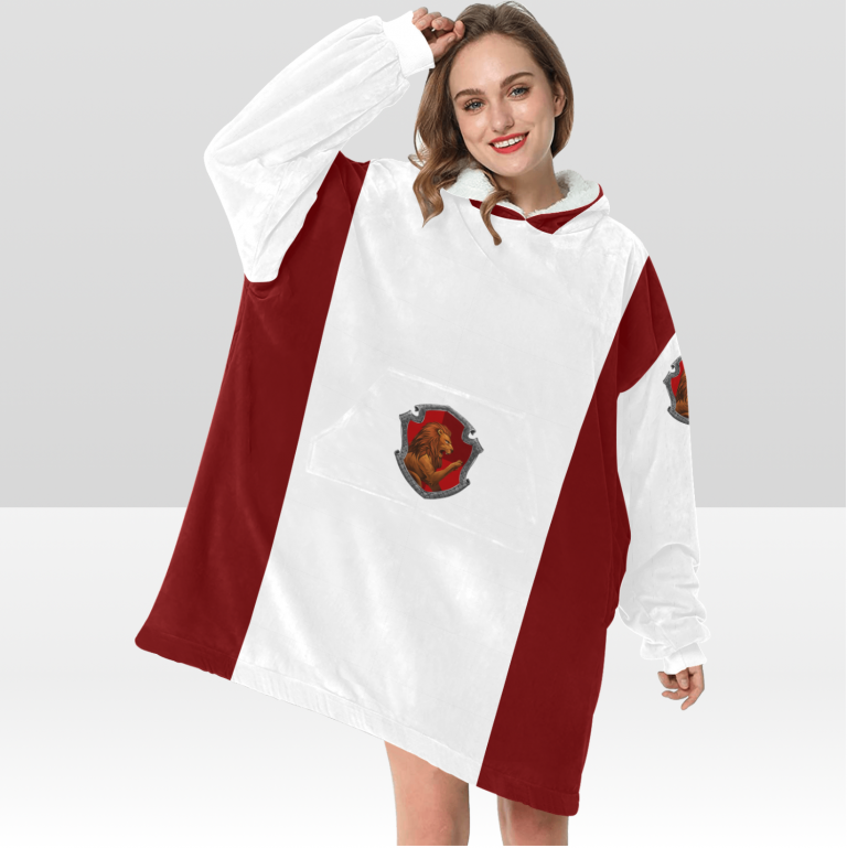 Gryffindor sherpa fleece Robe-at-Hogwarts-School-of-Witchcraft-and-Wizardry-Sorting Hat-Godric Gryffindor-students possessing characteristics-courage-chivalry-nerve-determination-The emblematic animal was a lion-colours-scarlet-gold-rubies-Nicholas de Mimsy-Porpington-Nearly Headless Nick-House ghost-element of fire-motto was Forti Animo Estote