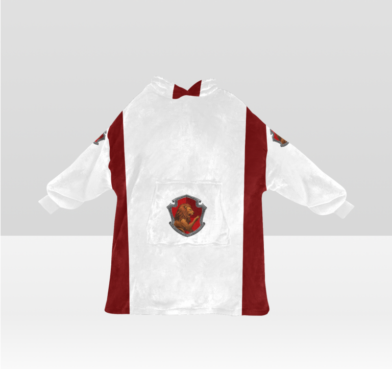 Gryffindor sherpa fleece Robe-at-Hogwarts-School-of-Witchcraft-and-Wizardry-Sorting Hat-Godric Gryffindor-students possessing characteristics-courage-chivalry-nerve-determination-The emblematic animal was a lion-colours-scarlet-gold-rubies-Nicholas de Mimsy-Porpington-Nearly Headless Nick-House ghost-element of fire-motto was Forti Animo Estote